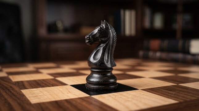 A sleek black chess knight stands strategically on a wooden chessboard inside a sophisticated study