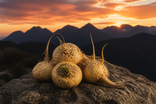 Several fresh maca roots on a rock against a silhouetted mountain range at dusk.