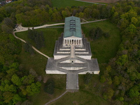 Europe - 03 May 2023: View of Walhalla memorial surrounded by lush green forests and walking paths.