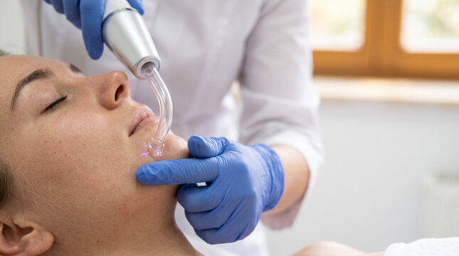 cosmetologist performing diverse facial procedures including botox, mesotherapy, dermastamp, laser hair removal, facial cleansing, hydra facial, massage, and chemical peeling on a relaxed client.