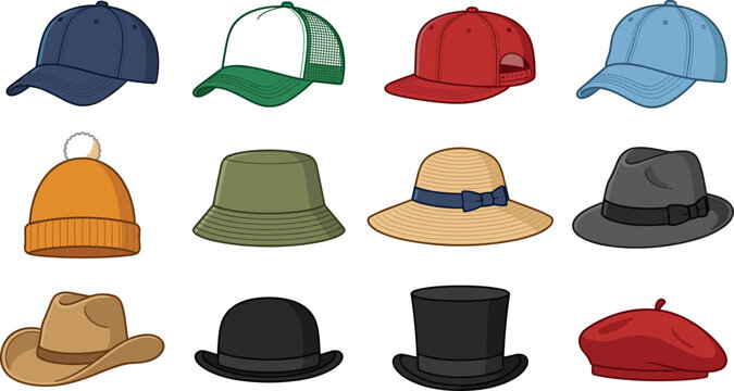 Hat Style Icon Set with Baseball Cap, Trucker Hat, Beanie, Bucket Hat, Sun Hat, Fedora, Cowboy Hat, and Beret Designs