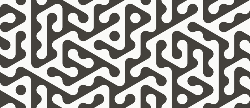 Seamless geometric maze pattern. Abstract black and white monochrome ornament with smooth rounded lines, dots and triangular shapes. Modern vector background for textile, packaging and web.