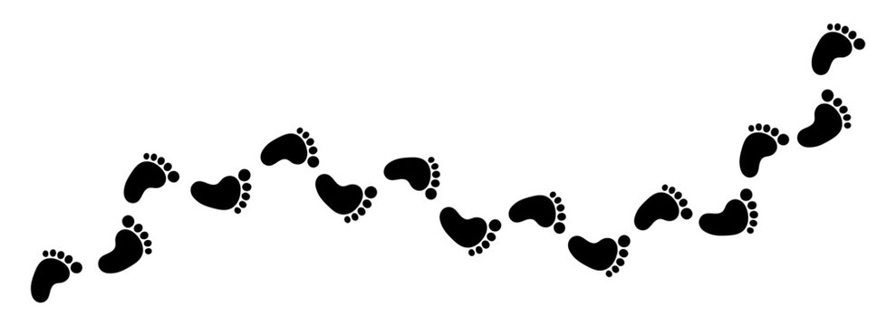 A trail of black human footprints walking upwards on a clean white background