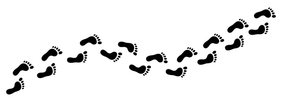 A trail of black human footprints walking in a winding path isolated on a white background