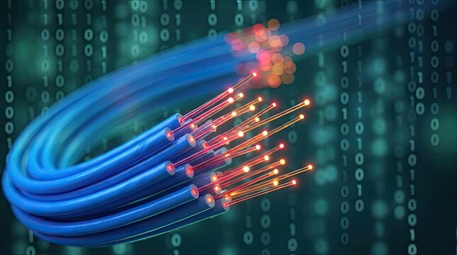 Fiber optic cables with light transmission and binary code data background