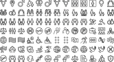 Obraz premium Human Rights and Equality Icon Set with Gender, Marriage, Disability, Justice, and Diversity Line Symbols for Social Designs