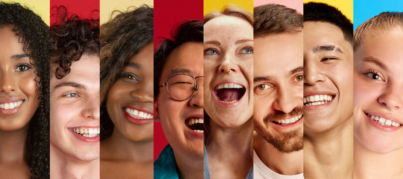 Sliced vertical portrait collage mixing diverse faces laughter and vivid expressions. Concept of emotional diversity, youth culture and creative editorial layouts.