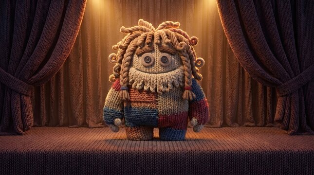 A Cozy Puppet on Stage: A charming, handmade puppet with textured yarn hair and a patchwork body stands center stage, bathed in the warm glow of spotlights, with plush curtains framing the scene.