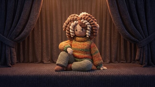 Doll on Stage: A charming doll with a fluffy hairstyle and a colorful sweater sits on a stage, bathed in warm light, with velvet curtains framing the scene.
