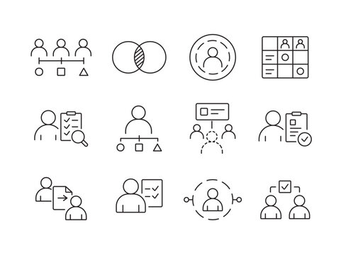 A set of responsibility and role management icons for ownership, accountability, permissions, and organizational workflows, created in line style with editable stroke