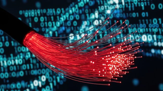 Fiber Optic Cables Transmitting Data with Binary Code Background