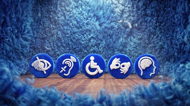 Symbols of Inclusion: A collection of universally recognized symbols representing visual impairment, hearing impairment, mobility impairment, and neurodiversity are displayed together.