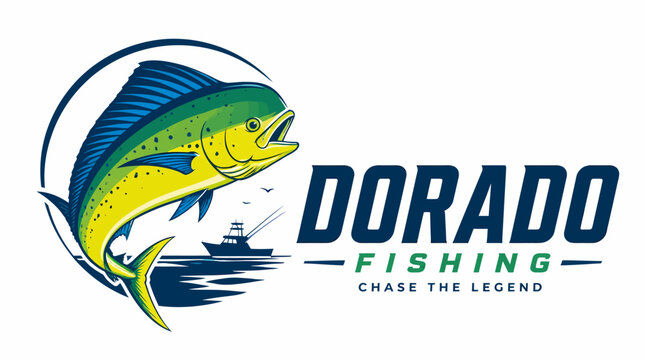 Dorado fishing logo featuring leaping fish and boat