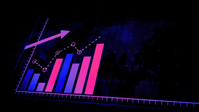 3D neon bar graph with rising arrow moving upward over a digital world map background. Glowing blue and pink global financial growth, international trade, and market statistics loop.
