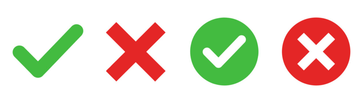 Minimalist check and cross icons, green tick and red x marks set, 4 vector symbols for approval and rejection status