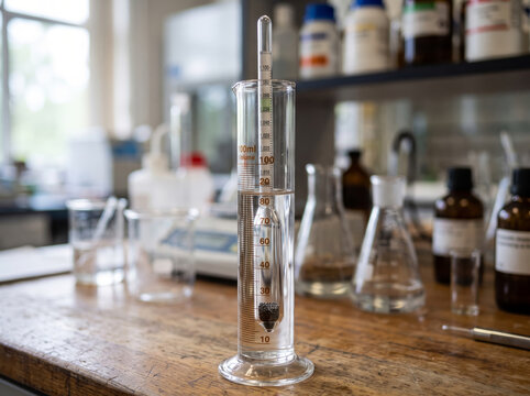 Glass hydrometer inside graduated cylinder measuring liquid density in chemistry laboratory