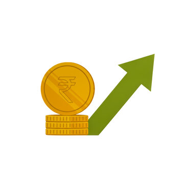 Gold coin stack growing with green arrow icon