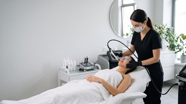 Professional cosmetologist performing a comprehensive aesthetic session featuring botox, mesotherapy, dermastamp, laser hair removal, facial cleansing, hydra facial, massage, and chemical peeling to r