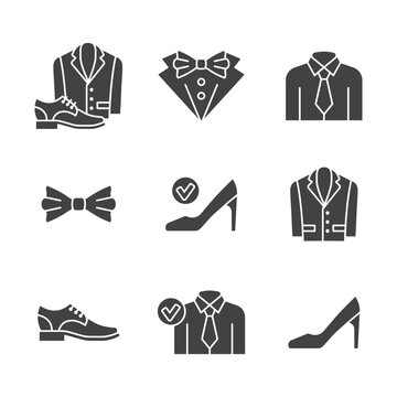 Clothing for formal event glyph icon set. Suit, shirt, bow tie and high heel shoe vector symbols. Dress code guidelines and professional attire elements for business style.