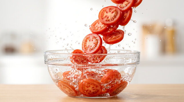 Freshly picked ripe red tomatoes, whole, sliced, and on the vine, artfully arranged on a rustic wooden cutting board with herbs and spices, ready for culinary use