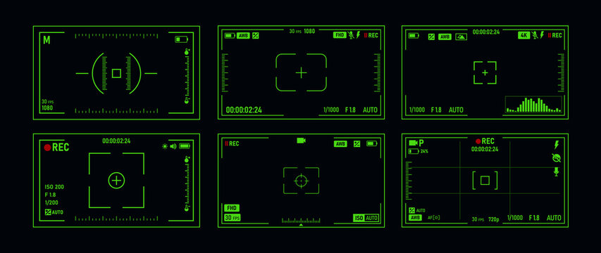 A set of green digital video camera and thermal imaging screen interfaces on a black background