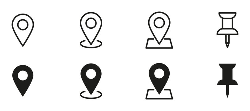 Location pin icon set. Outline and filled map pins, destination markers, and pushpin symbols representing GPS navigation, address, place, route, travel, mapping, and location tracking.