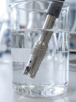 Digital electronic sensor probe submerged in water beaker for quality testing