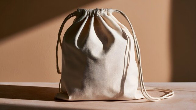 A beige drawstring bag sits on a wooden surface under warm sunlight  casting soft shadows on a plain wall background