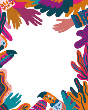 Hispanic heritage celebration frame with colorful hands and tropical parrot for social media