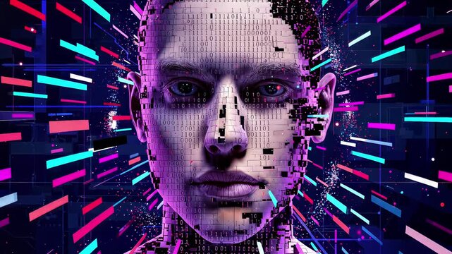 Cyborg face constructed from binary code and colorful geometric fragments. Close-up view with subtle camera panning and tilting.