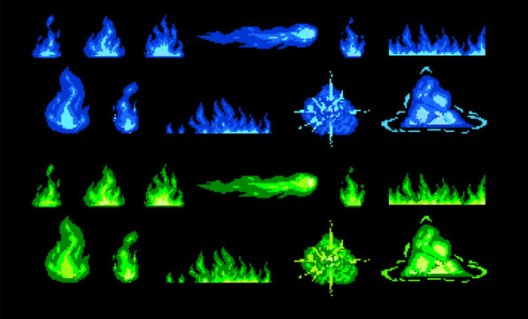 Green and blue fire flames pixel art vector set, cartoon 8 bit video game burning flame, ignition effect, bomb explosion