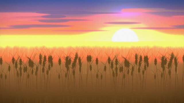 Sunset over serene wheat field. 2d animation