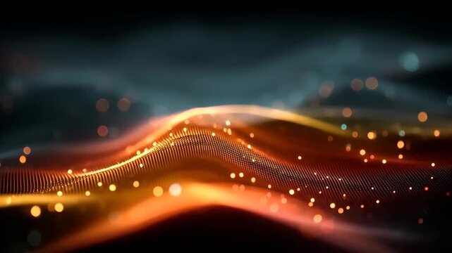 Abstract abstract digital wave background with glowing neon particles and smooth bokeh. High-tech AI fluidity and 6G network stream concept video preview with copy space.