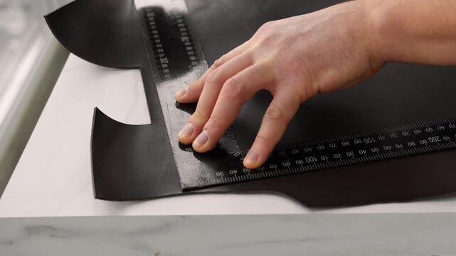 Leatherworker measuring and marking dark leather with ruler and awl in a workshop for handcrafted products manufacturing