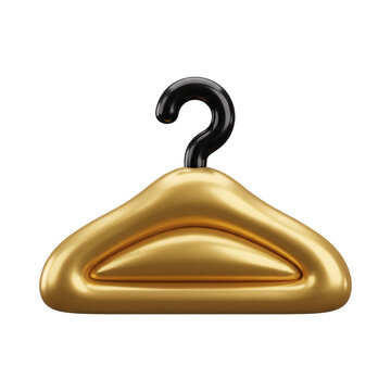Shiny golden clothing hanger with a black hook representing fashion, retail, and shopping concepts, isolated on transparent background.