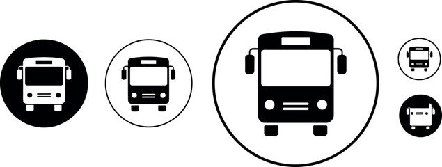 Set of black and white public transportation bus vector icons representing travel and transit systems © Raju