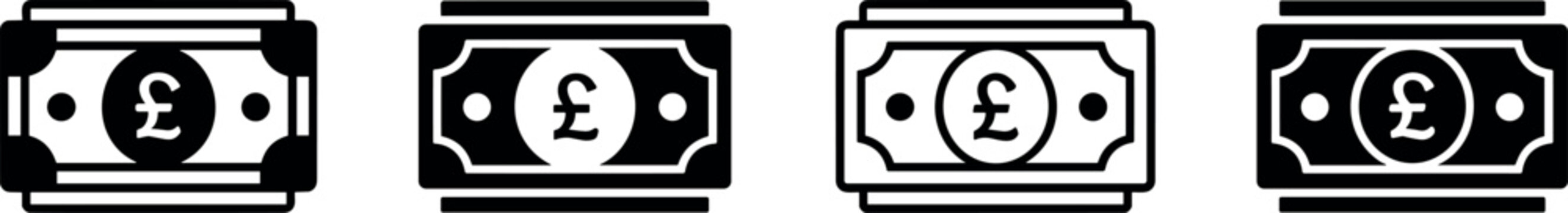 Set of black and white pound banknote vector icons representing finance and currency transactions