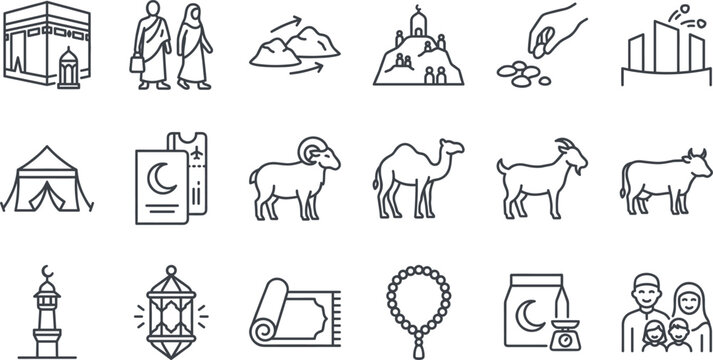 Hajj Pilgrimage and Eid Al Adha Line Icon Set Featuring Kaaba Mecca, Sacrificial Qurbani Animals, Mount Arafat, Jamarat Pebbles, and Islamic Religious Ritual Vector Symbols