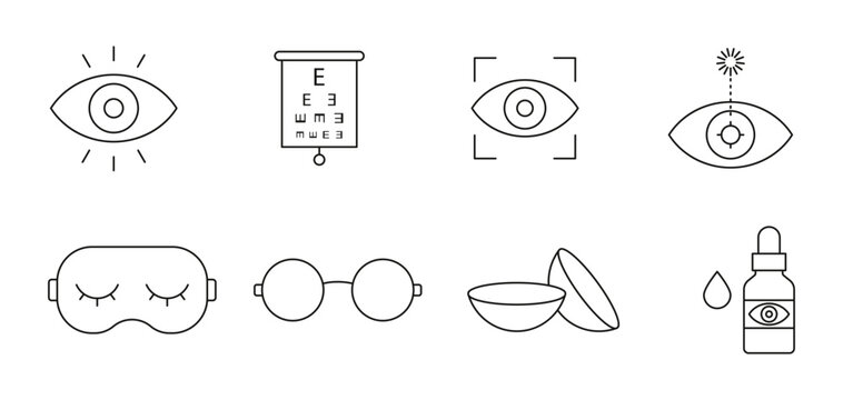 Eye care icon set. Outline eye, vision test, eye scan, glasses, contact lens, eye drops, and sleep mask symbols representing optometry, eyesight, vision correction, treatment, and ocular health.