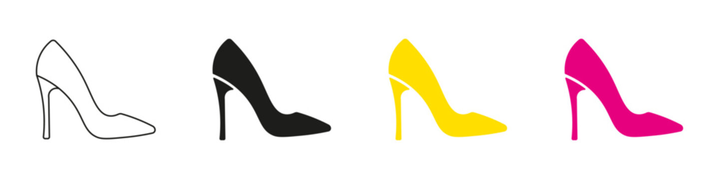 High heel icon set. Outline and colorful women shoe symbols representing fashion, footwear, elegant style, feminine accessories, luxury clothing, shopping, and modern fashion design.