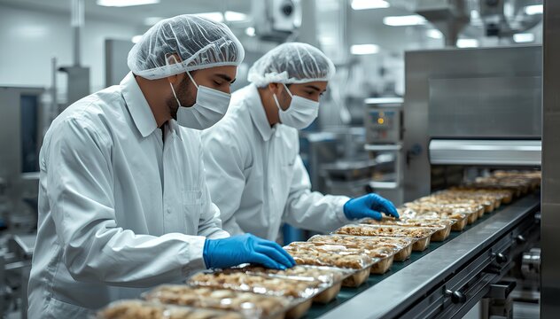 Quality Control Workers Inspecting Prepackaged Food on an Industrial Assembly Line Conveyor Belt