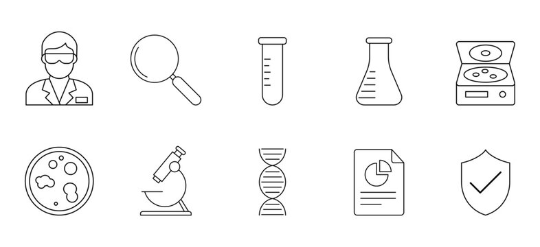 Laboratory icon set. Outline scientist, magnifier, test tube, flask, analyzer, petri dish, microscope, DNA, report, and shield symbols representing scientific research, testing, and diagnostics.