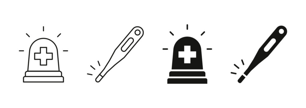 Medical emergency icon set. Outline emergency siren and thermometer symbols representing urgent healthcare, fever detection, medical alert, first aid, emergency response, and patient care.