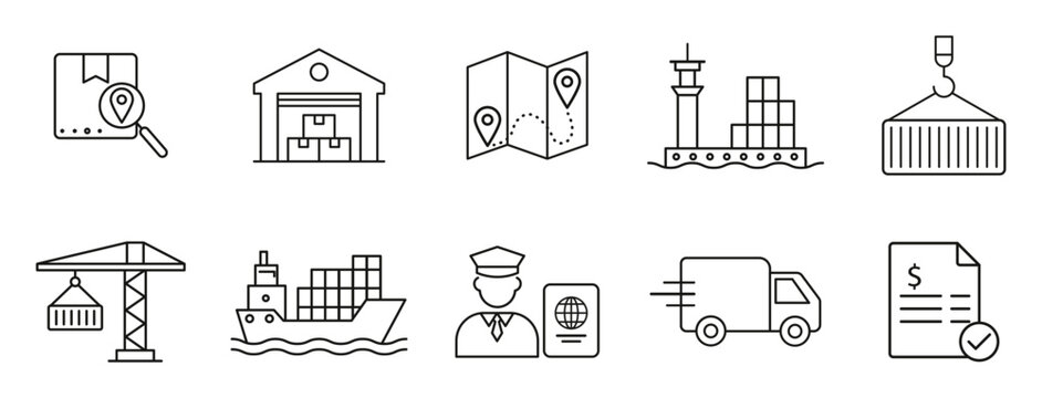 Logistics icon set. Outline warehouse, map, port, cargo crane, container ship, customs, delivery truck, and shipping document symbols representing freight transport, supply chain, and global trade.