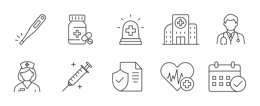 Medical service icon set. Outline thermometer, medicine, emergency, hospital, doctor, patient, vaccine, health insurance, heart care, and appointment symbols representing healthcare and treatment.