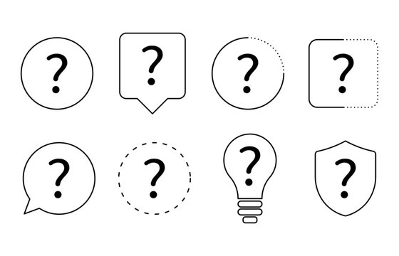 Question mark icon set. Outline question, speech bubble, light bulb, and shield symbols representing help, FAQ, support, inquiry, uncertainty, problem solving, and information requests.