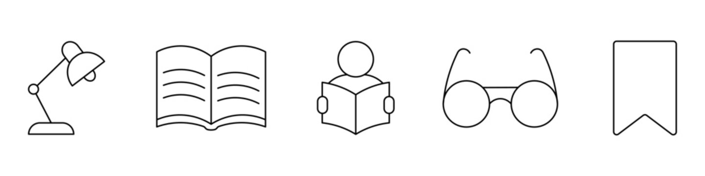 Reading icon set. Outline desk lamp, open book, reader, eyeglasses, and bookmark symbols representing education, studying, literature, learning, reading habits, and academic knowledge.