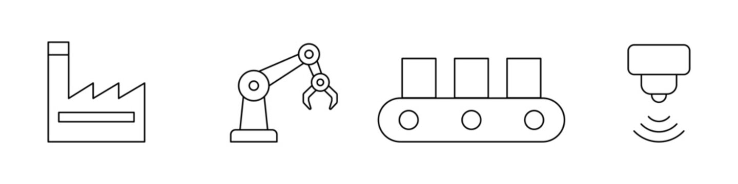 Industrial automation icon set. Outline factory, robotic arm, conveyor belt, and sensor symbols representing smart manufacturing, automated production, robotics, and industrial technology.