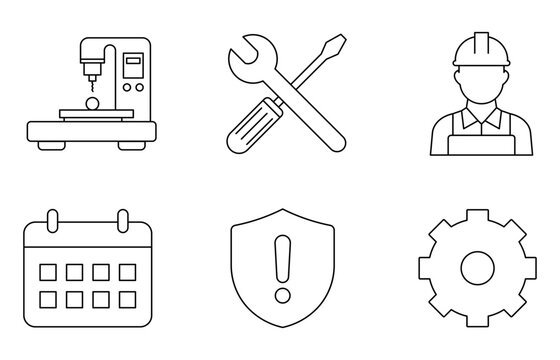Industrial maintenance icon set. Outline machinery, repair tools, engineer, calendar, safety alert, and gear symbols representing equipment service, maintenance planning, safety, and engineering.