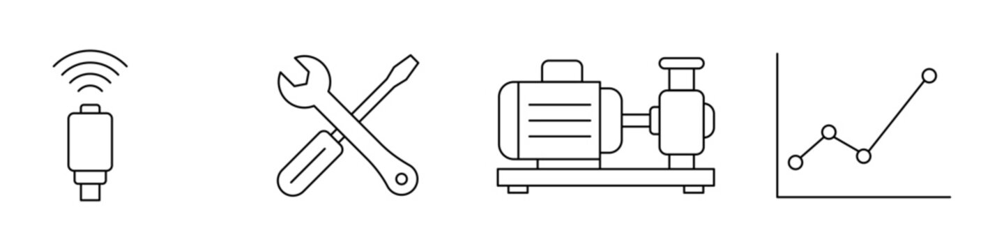 Industrial maintenance icon set. Outline sensor, tools, machinery, and analytics symbols representing equipment repair, predictive maintenance, engineering, monitoring, and industrial operations.